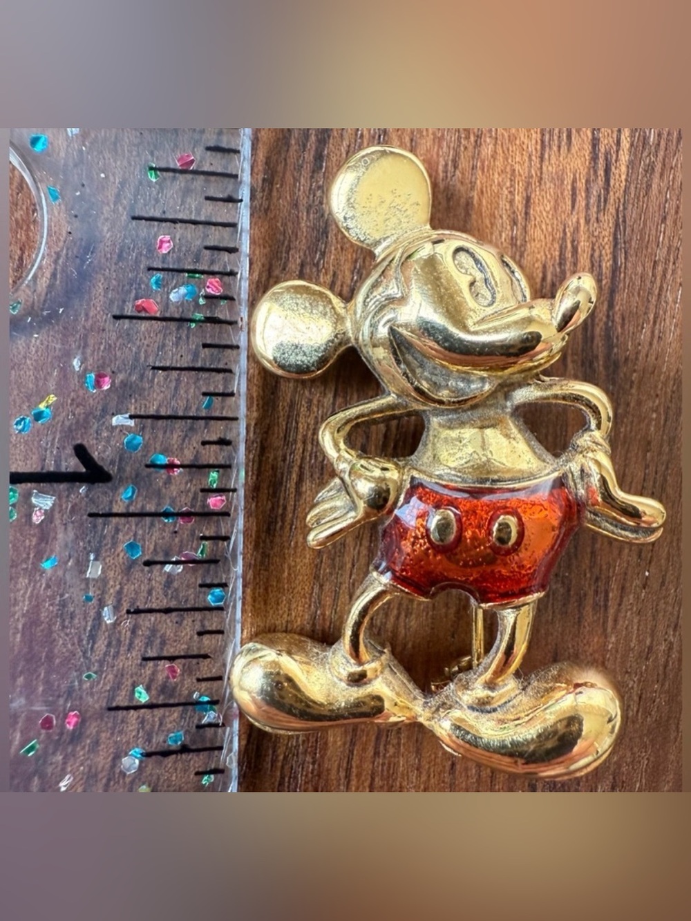 VTG Disney Gold Tone and Red Mickey Mouse Brooch Pin Signed